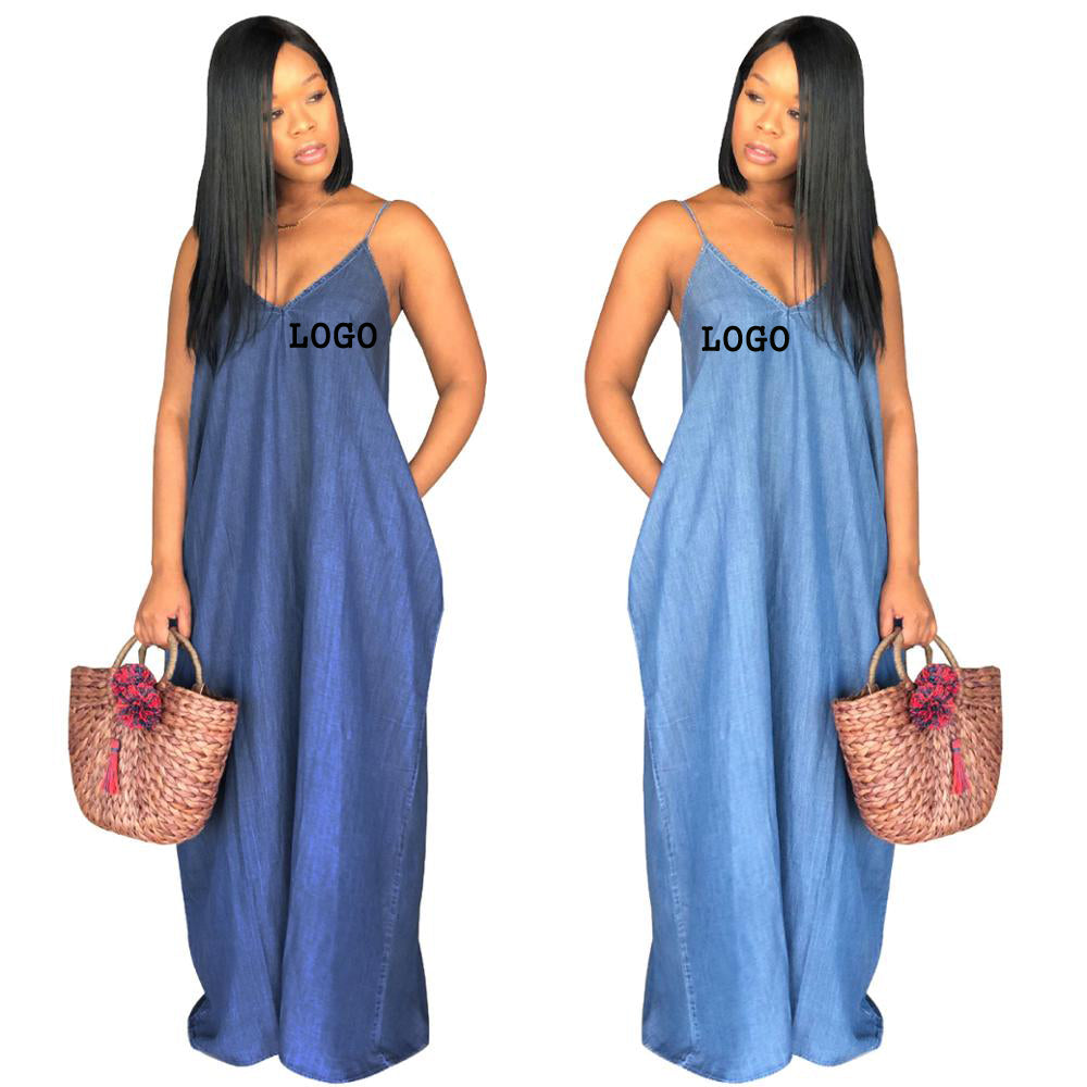 Summer Casual Solid Loose Off Shoulder Maxi Dresses Long Women Denim Dress