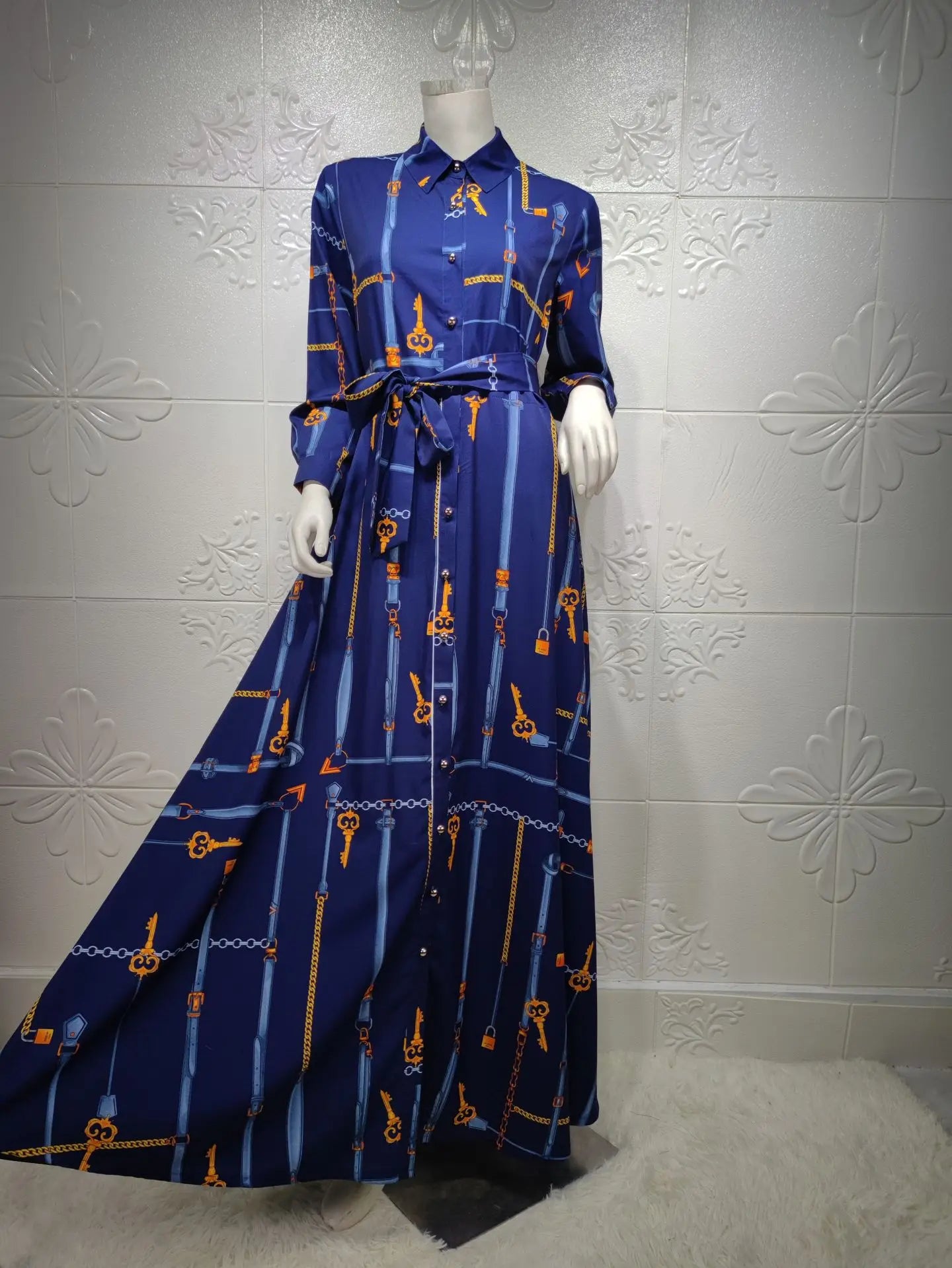 Middle East Multicolor Chain Printed Muslim Shirt Dress Elegant Casual Dress