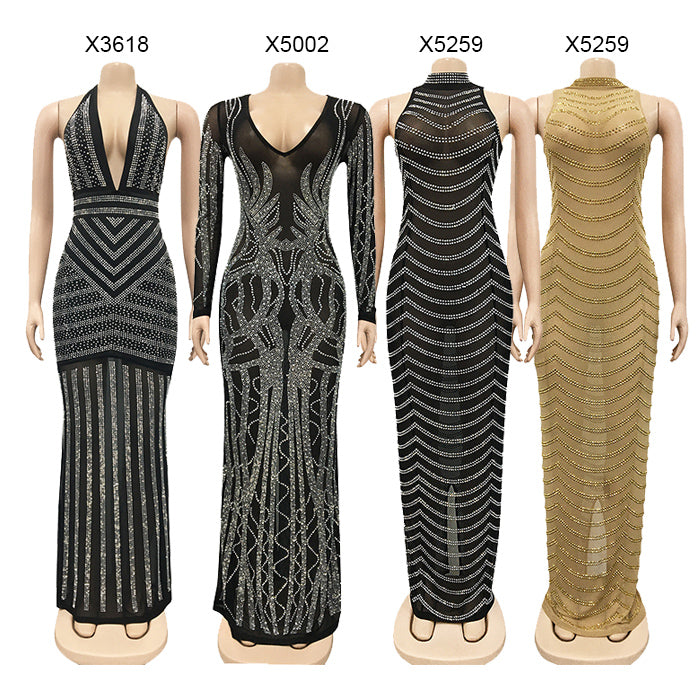 Long Sleeve v Neck Rhinestone Party Dress Black Maxi Women Evening Dress