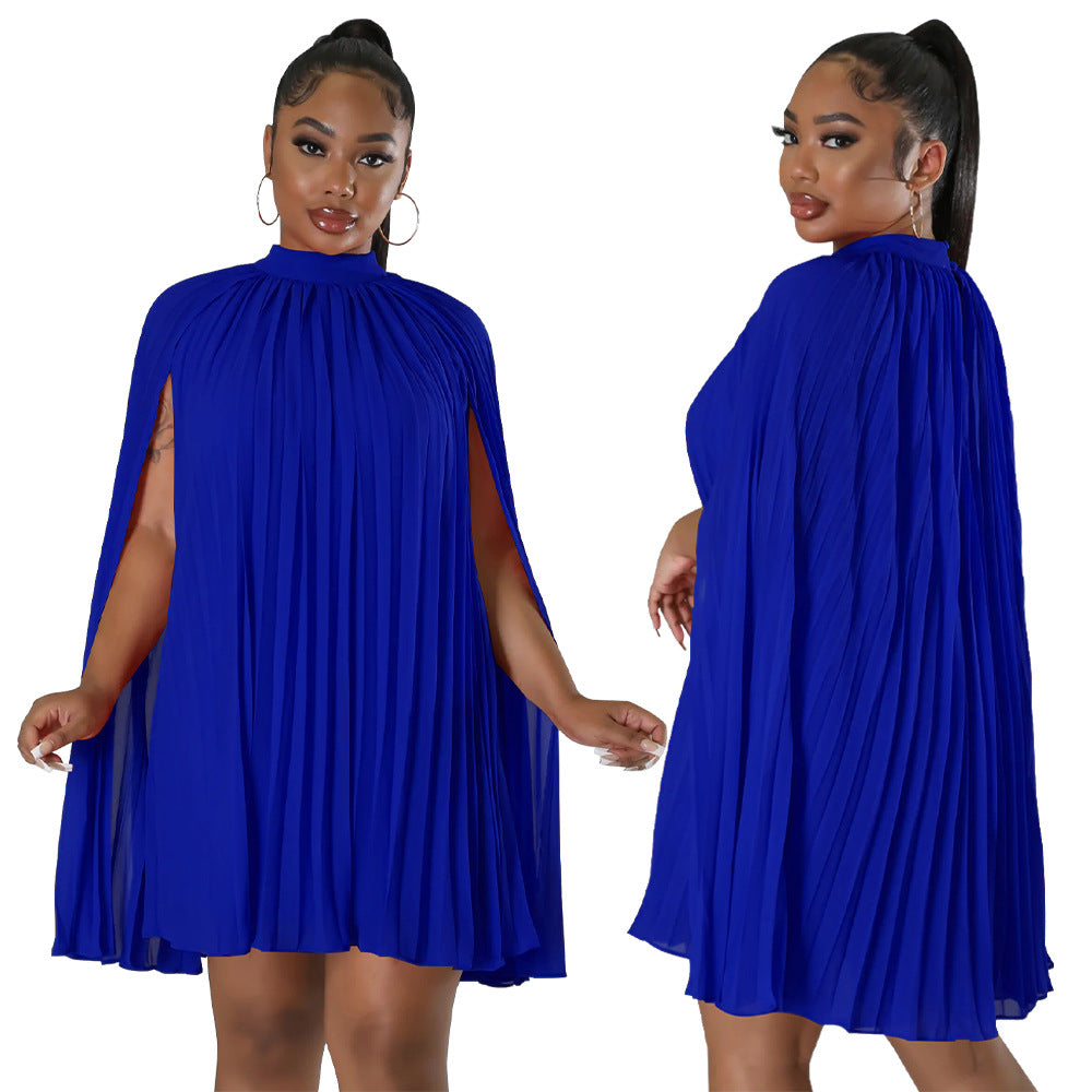 Solid Color Bat Sleeve Elegant Pleated Party Dress