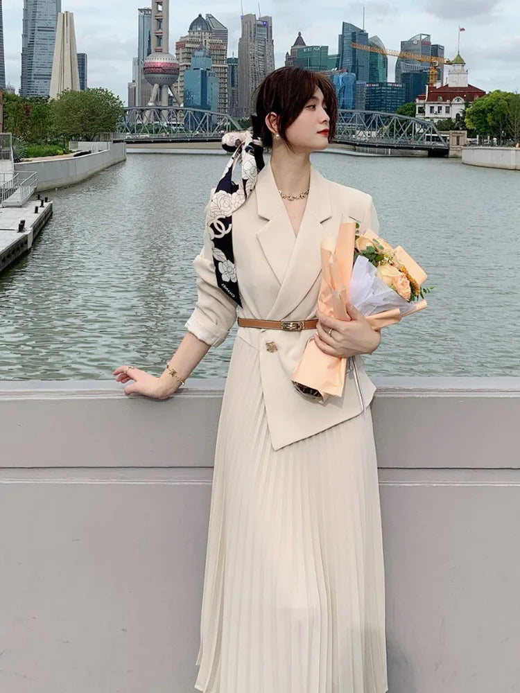 Elegant Blazer Dress V-Neck Slim Design Pleated Dress Ladies Office Dress