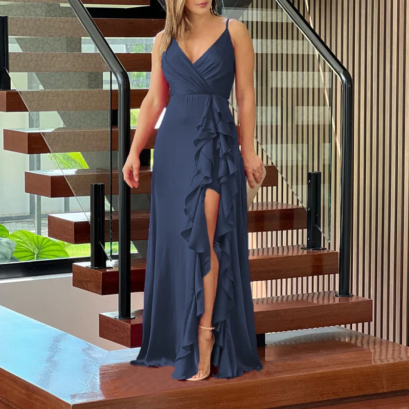 V-Neck Dress Wedding High Waist Ruffle Slit Party Dress