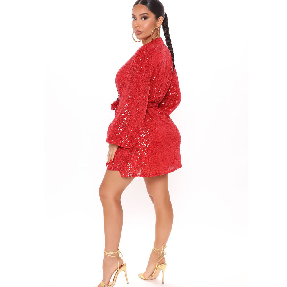 Sexy Deep V-Neck Waist Lace-Up Sequin Dress