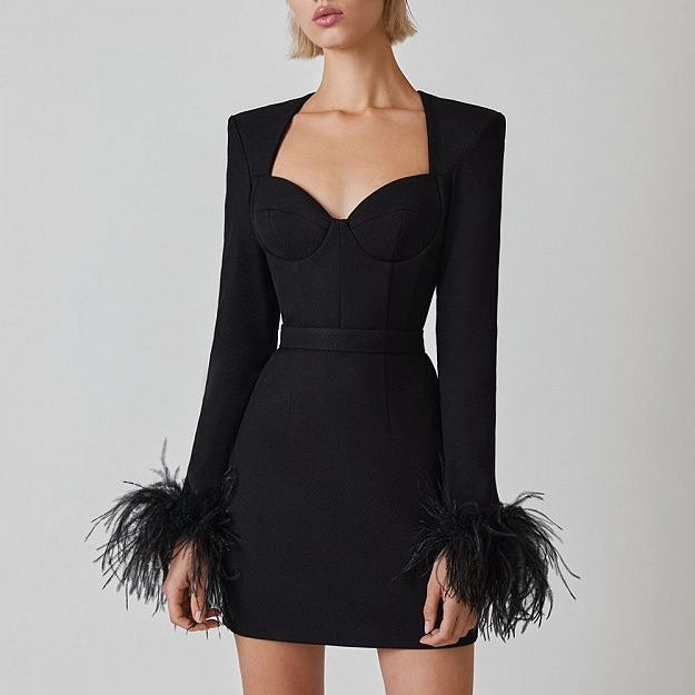 Square Neck Mini Dress Ladies Feather Bandage Dresses for Women