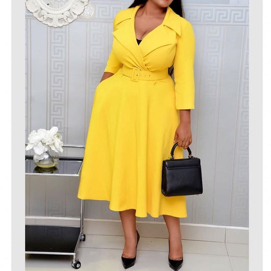 Plus Size Pleated Midi A-Line American Casual Dress