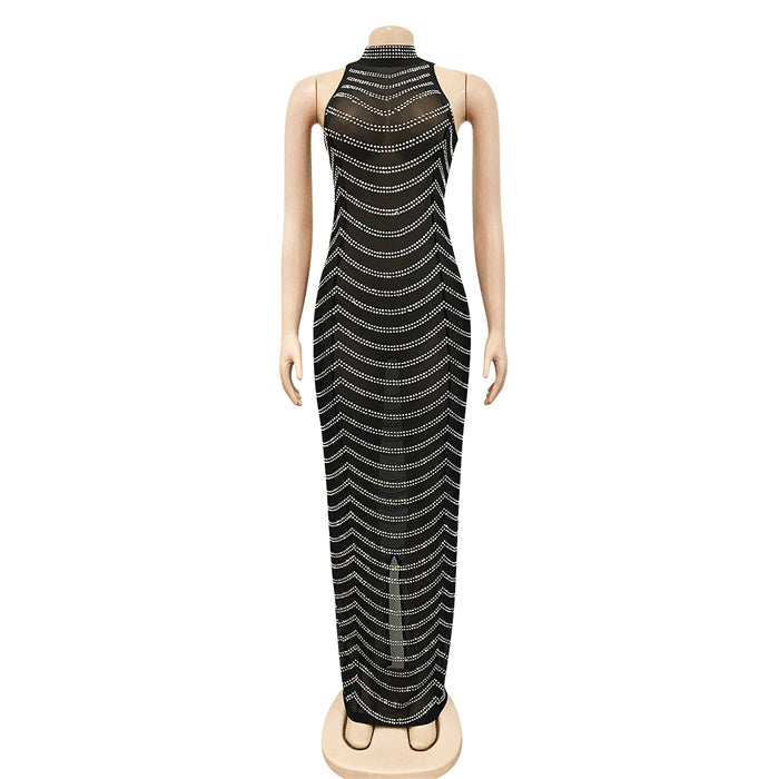 Long Sleeve v Neck Rhinestone Party Dress Black Maxi Women Evening Dress
