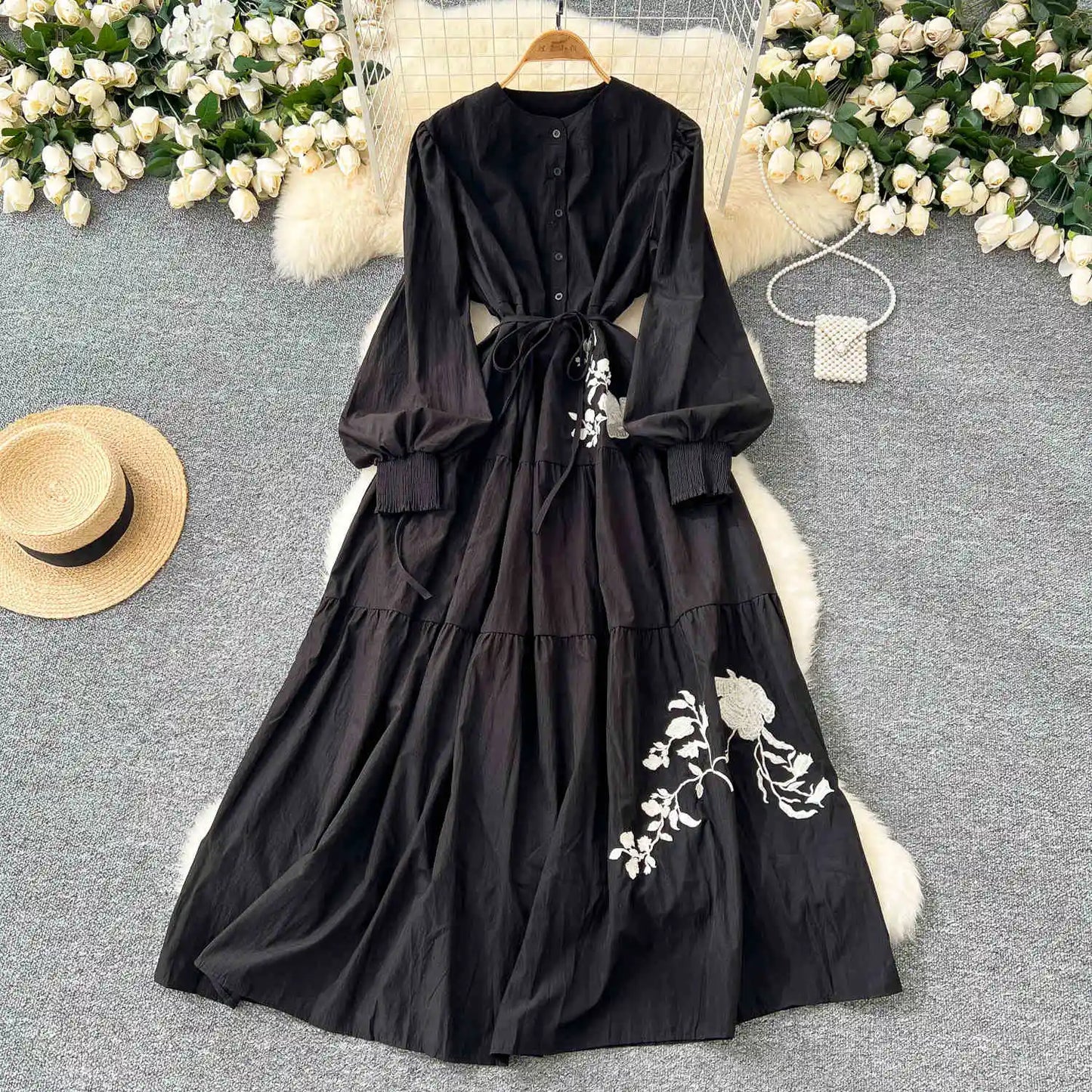 French Vintage Dress Women Flower Embroidery Long Classy Lady Elegant Dress