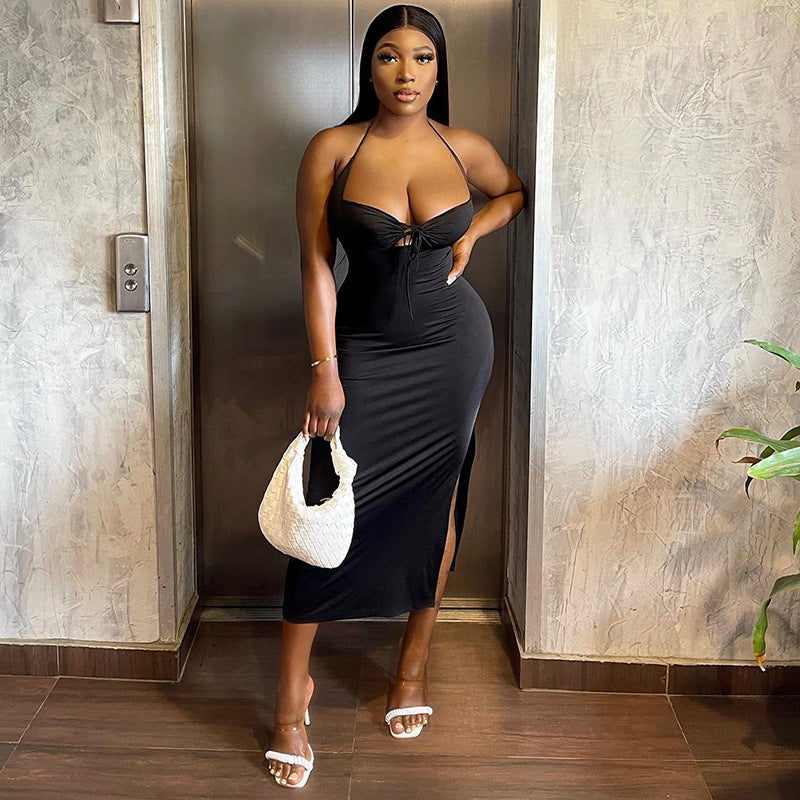 Backless Sexy Dress Solid Black Strap Trendy Women Dress Slit Halter Dress