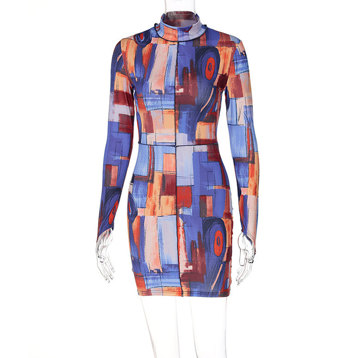 Long Sleeve Bodycon High Neck Printed Body Print Dress