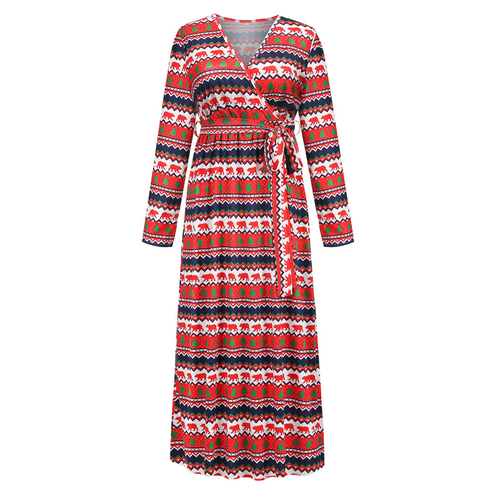 Christmas Print Party Dresses Cute Holiday v Neck Women Fall Elegant Dress