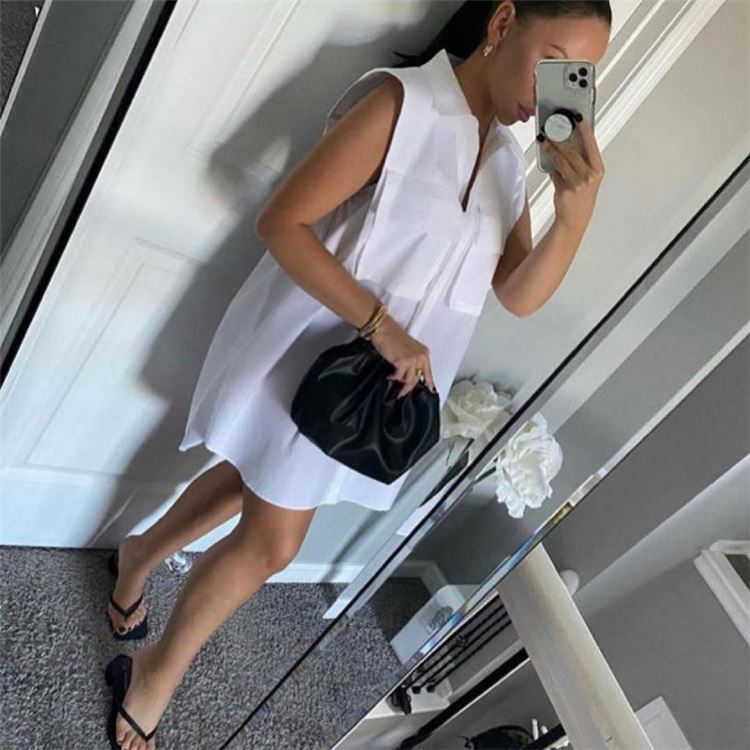Summer New Sleeveless Pocket Shirt Dress Women Elegant Casual Dress