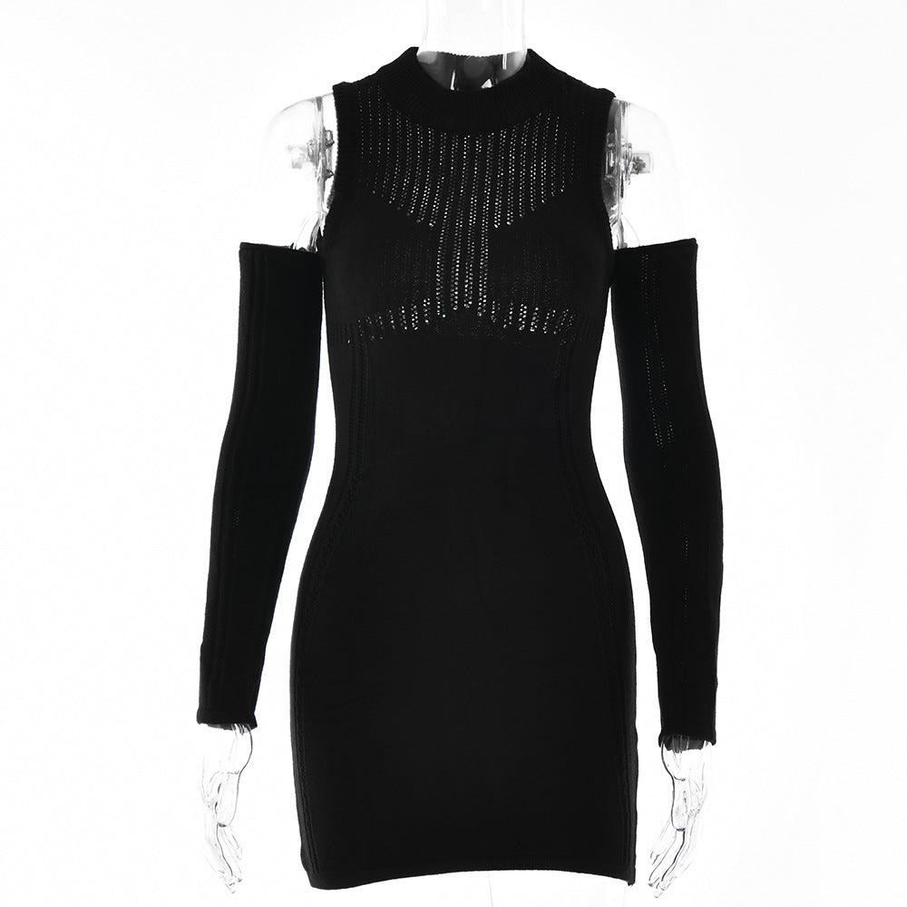 Women Sweater Dresses Turtleneck Long Sleeve Bodycon See Through Mini Dress