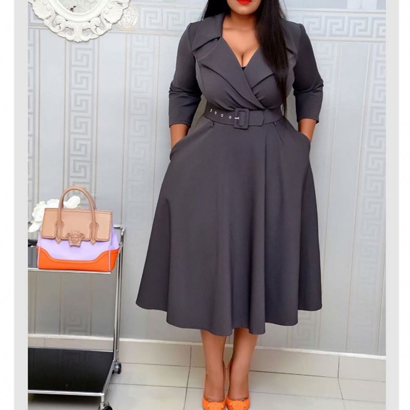 Plus Size Pleated Midi A-Line American Casual Dress