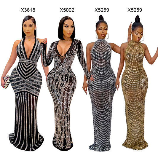 Long Sleeve v Neck Rhinestone Party Dress Black Maxi Women Evening Dress