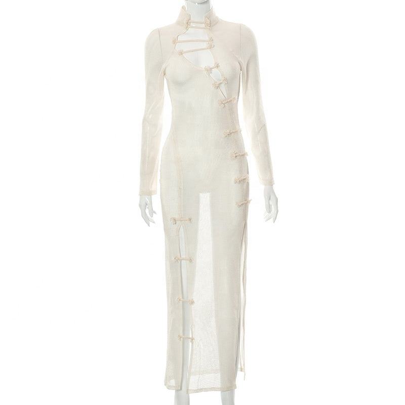 Solid Mesh Hollow Elegant Casual Long Sleeve Sexy Dresses Women Party Dress