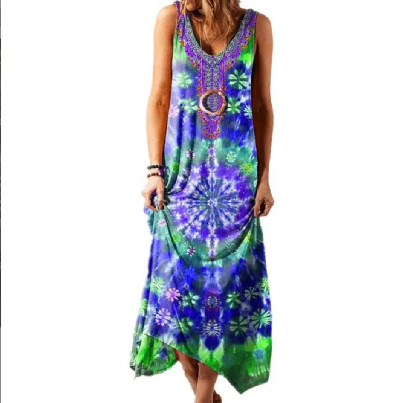 Vintage Tie-Dye Floral Long Maxi Dress Bohemian Style Beach Casual Dress