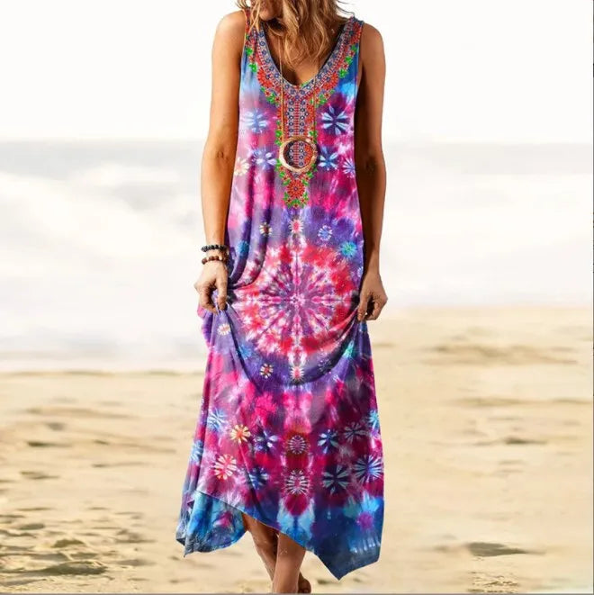 Vintage Tie-Dye Floral Long Maxi Dress Bohemian Style Beach Casual Dress