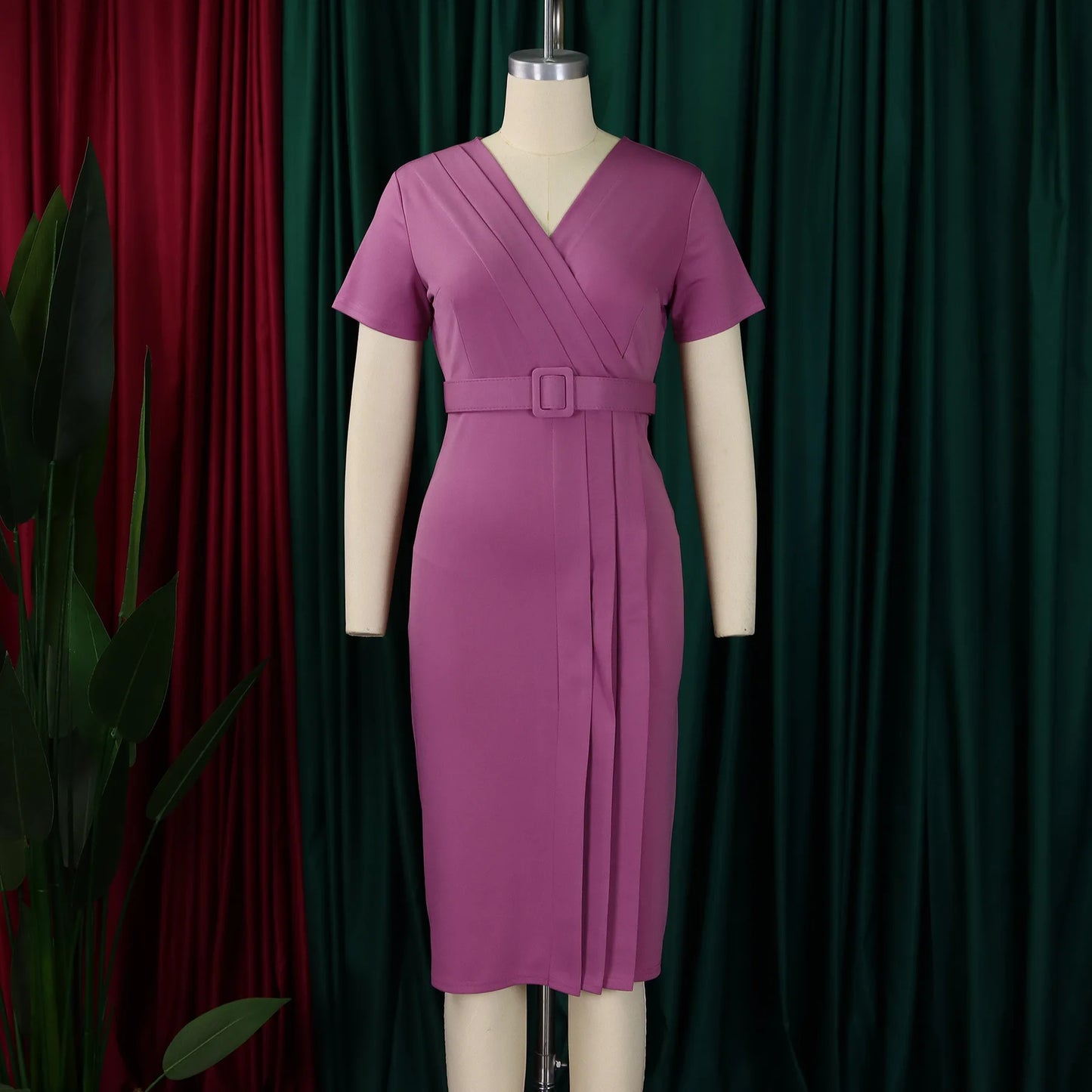 Latest Summer Ladies Short Sleeve V-Neck Waist Wrap Pencil Dresse Casual Dress