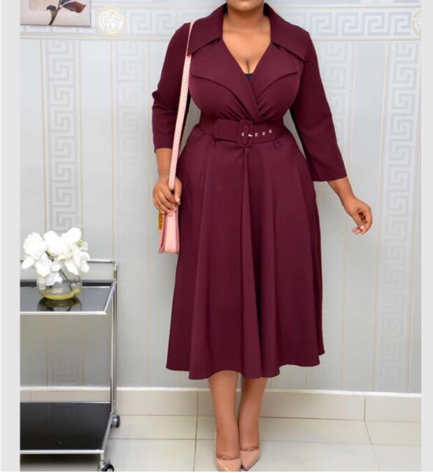 Plus Size Pleated Midi A-Line American Casual Dress