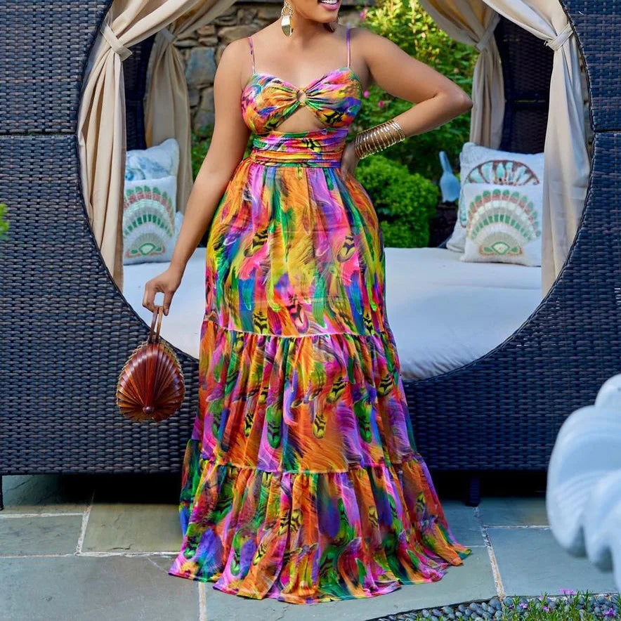 Africa Plus Size Maxi Dress Women Summer Beach Print Sundress Strap Sexy Dress