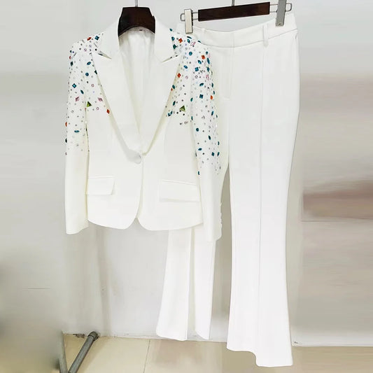 Lady Elegant Women Two Piece Set Long Rhinestone Party Dress