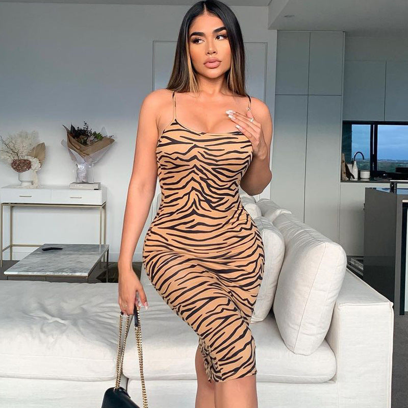 Spaghetti Strap Leopard Bodycon Dress Casual Midi Slit Dress