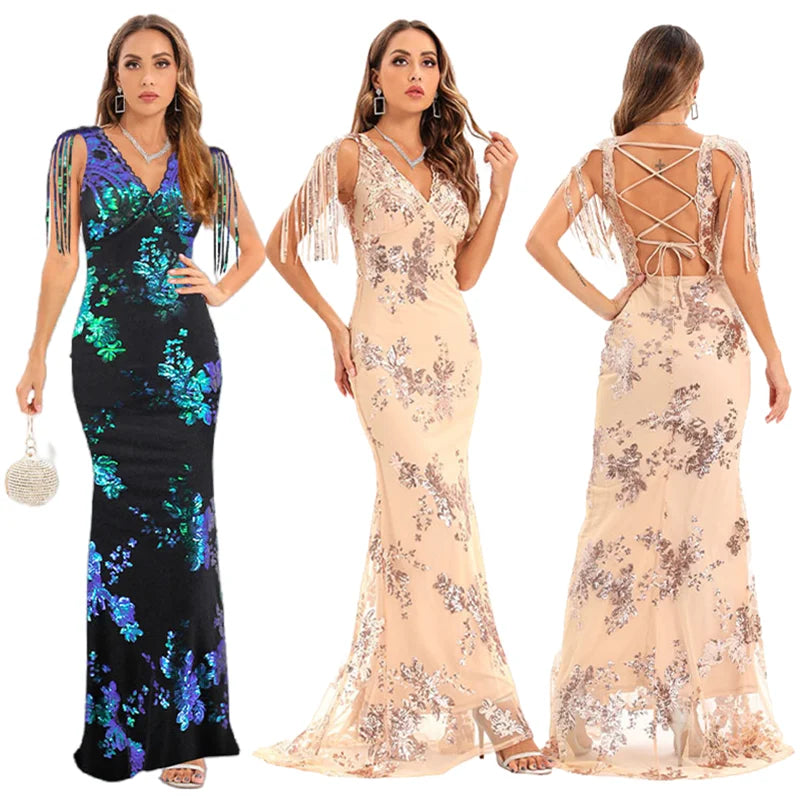 V-Neck Backless Elegant Prom Dresses Women Long Gown Evening Party Dress
