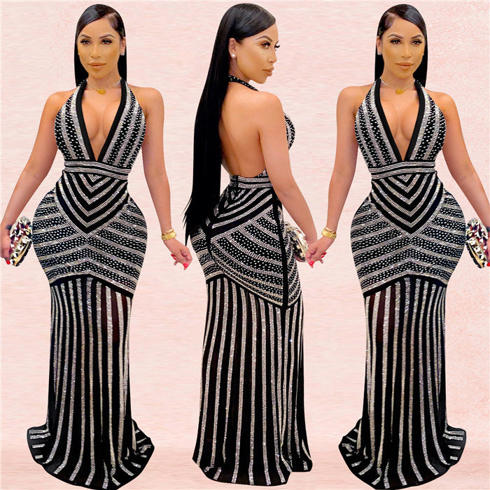 Long Sleeve v Neck Rhinestone Party Dress Black Maxi Women Evening Dress