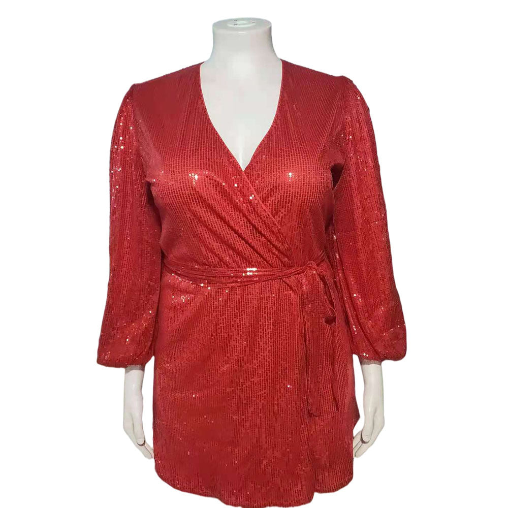 Sexy Deep V-Neck Waist Lace-Up Sequin Dress