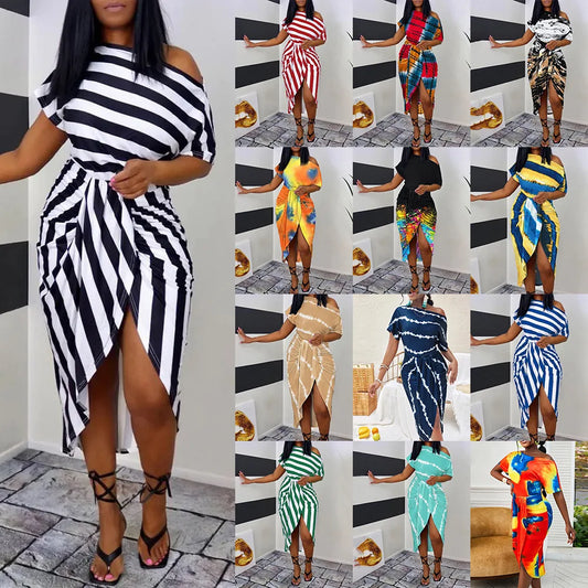 Lady Chiffon Ruffle Maxi Dress Women Printing Elegant Summer Casual Dress