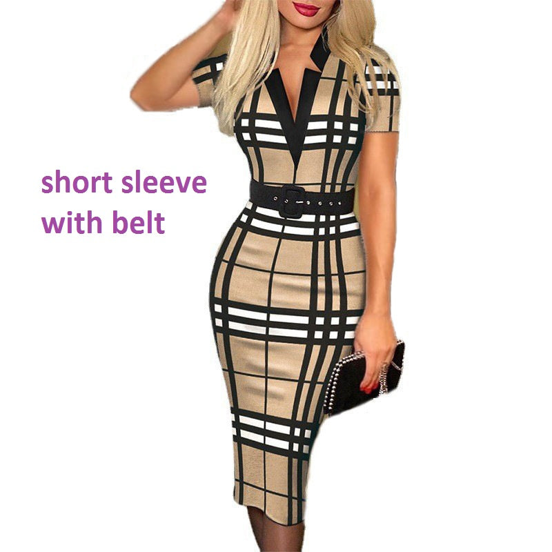 Custom Summer Fall Women V- Neck Pleated Lady Dress With Belt