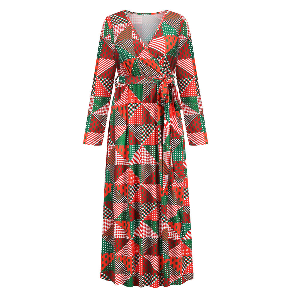Christmas Print Party Dresses Cute Holiday v Neck Women Fall Elegant Dress