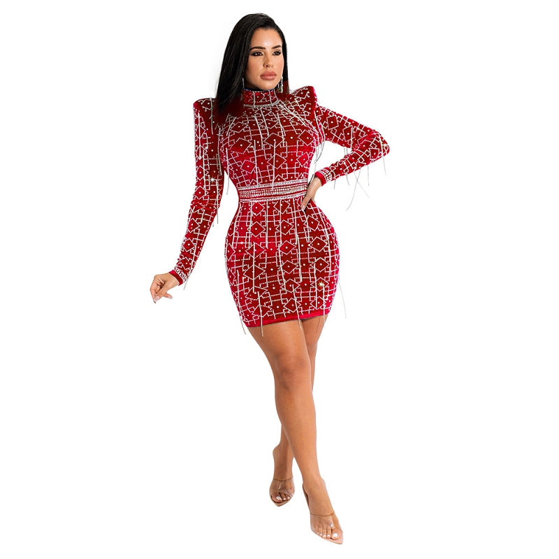 Party Wear for Women Sexy Waist Tassel Fringe Velvet Rhinestone Dress