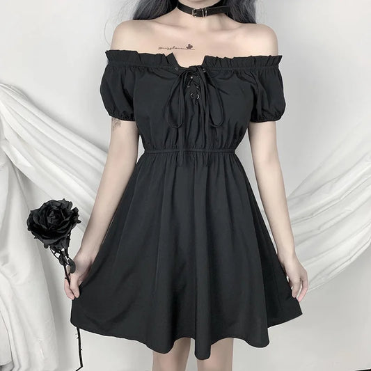 High Waist Summer Sexy Off Shoulder Black Casual Dresses Elegant Mini Dress