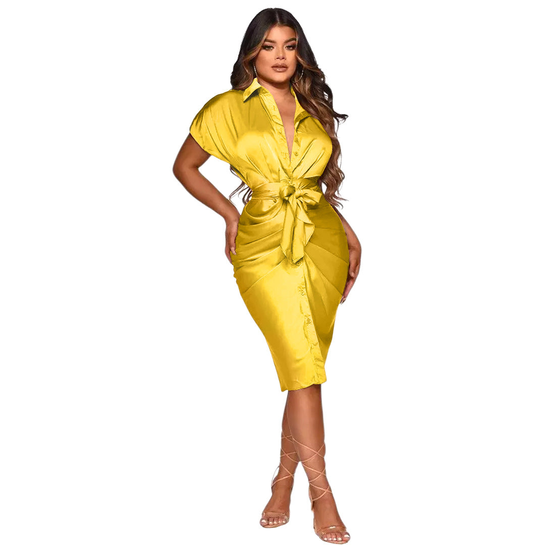 Sexy Ladies Dresses Reflective Silk Pleated Straps Shirt Dress