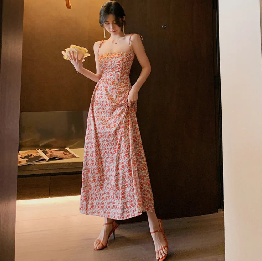 Women Floral Maxi Dress Backless Beach Dress Sexy Casual Long Printed Dress