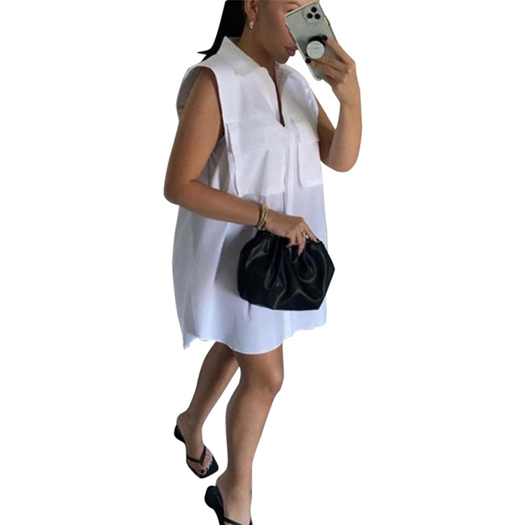 Summer New Sleeveless Pocket Shirt Dress Women Elegant Casual Dress