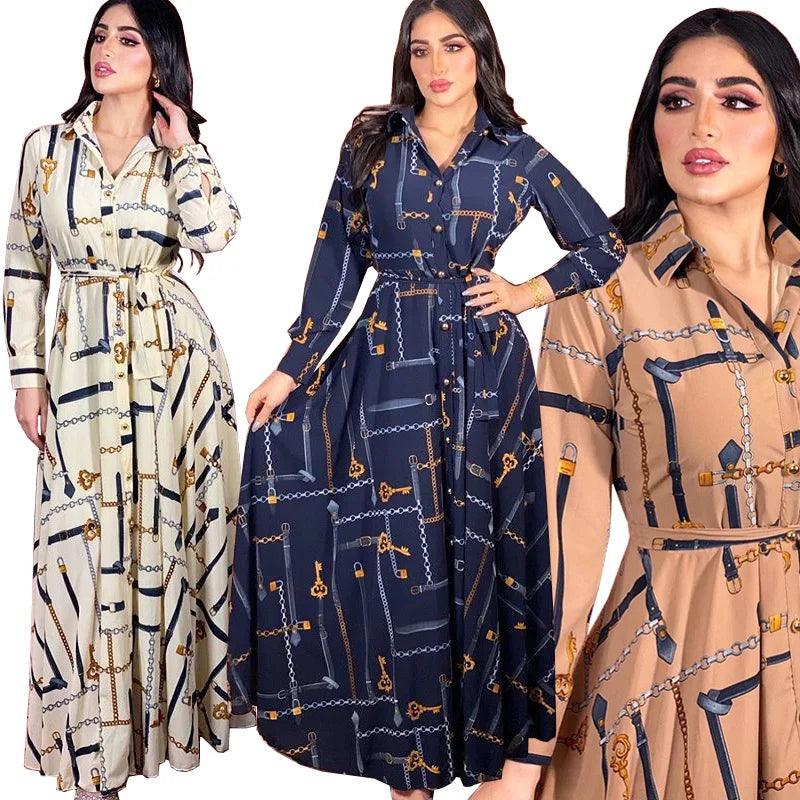 Middle East Multicolor Chain Printed Muslim Shirt Dress Elegant Casual Dress