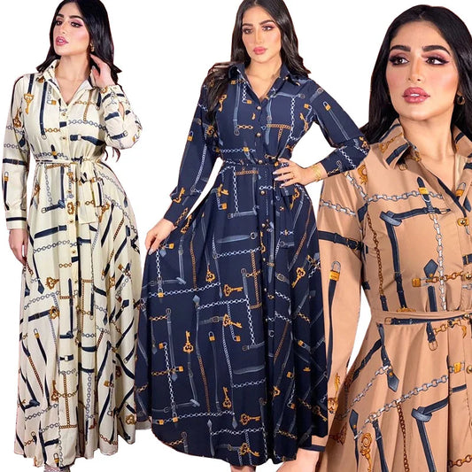 Middle East Multicolor Chain Printed Muslim Shirt Dress Elegant Casual Dress