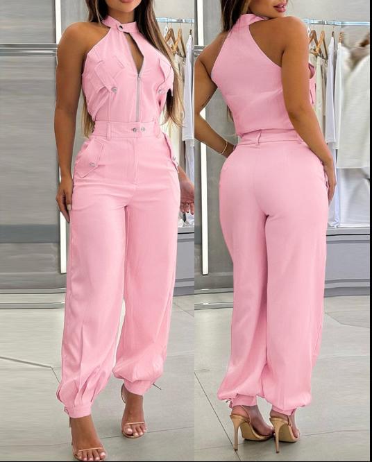 Two Piece Set Women Outfit Summer Sleeveless High Neck Cargo Pockets Design Top & Casual High Waist Cuffed Long Pants Set