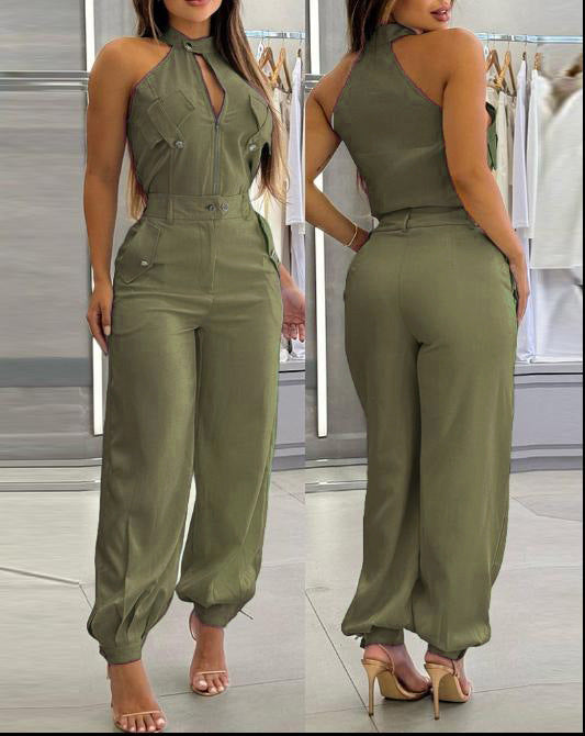 Two Piece Set Women Outfit Summer Sleeveless High Neck Cargo Pockets Design Top & Casual High Waist Cuffed Long Pants Set