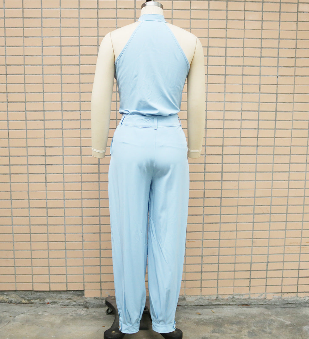 Two Piece Set Women Outfit Summer Sleeveless High Neck Cargo Pockets Design Top & Casual High Waist Cuffed Long Pants Set