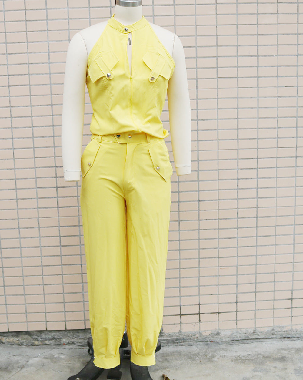 Two Piece Set Women Outfit Summer Sleeveless High Neck Cargo Pockets Design Top & Casual High Waist Cuffed Long Pants Set