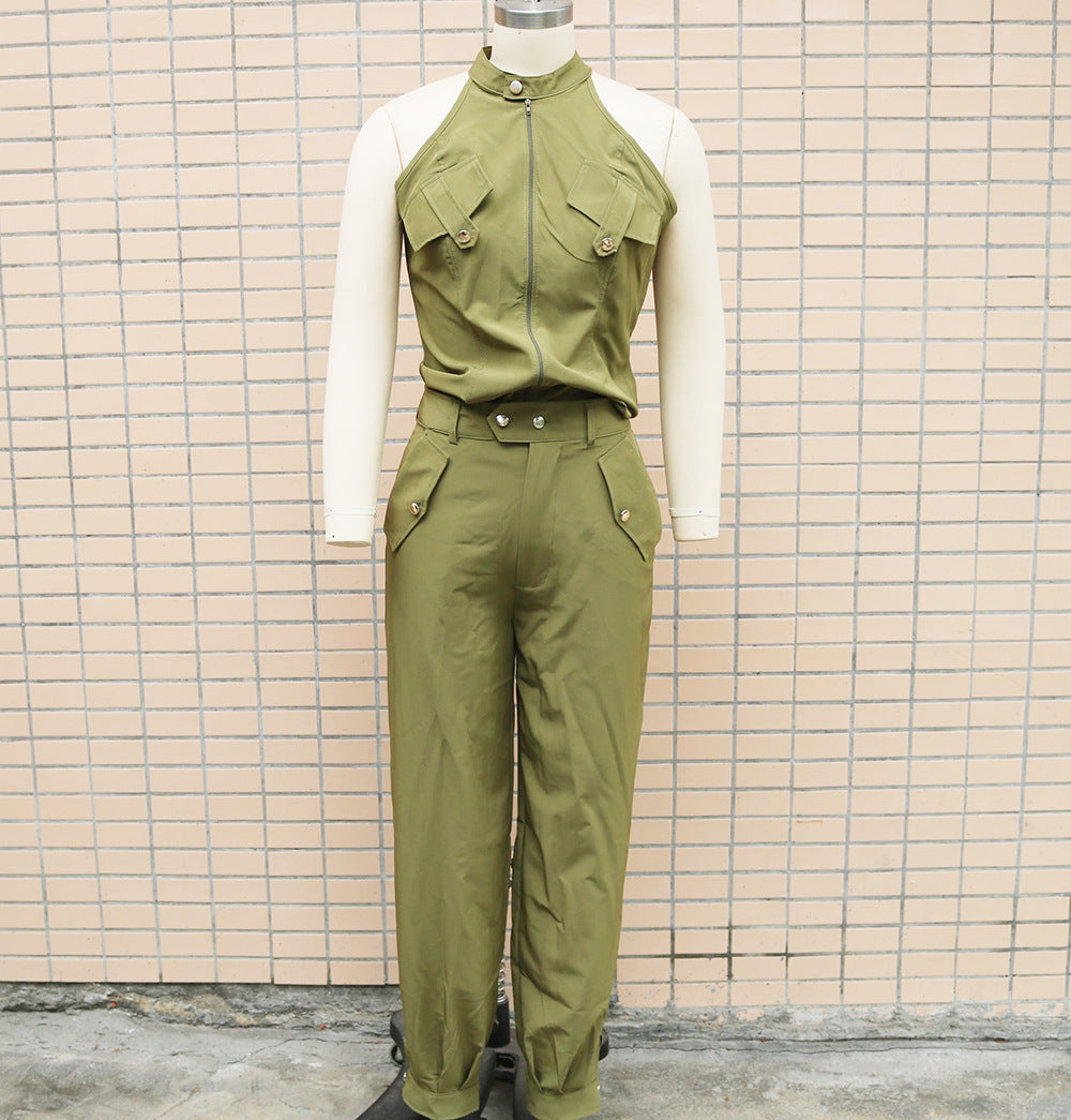 Two Piece Set Women Outfit Summer Sleeveless High Neck Cargo Pockets Design Top & Casual High Waist Cuffed Long Pants Set