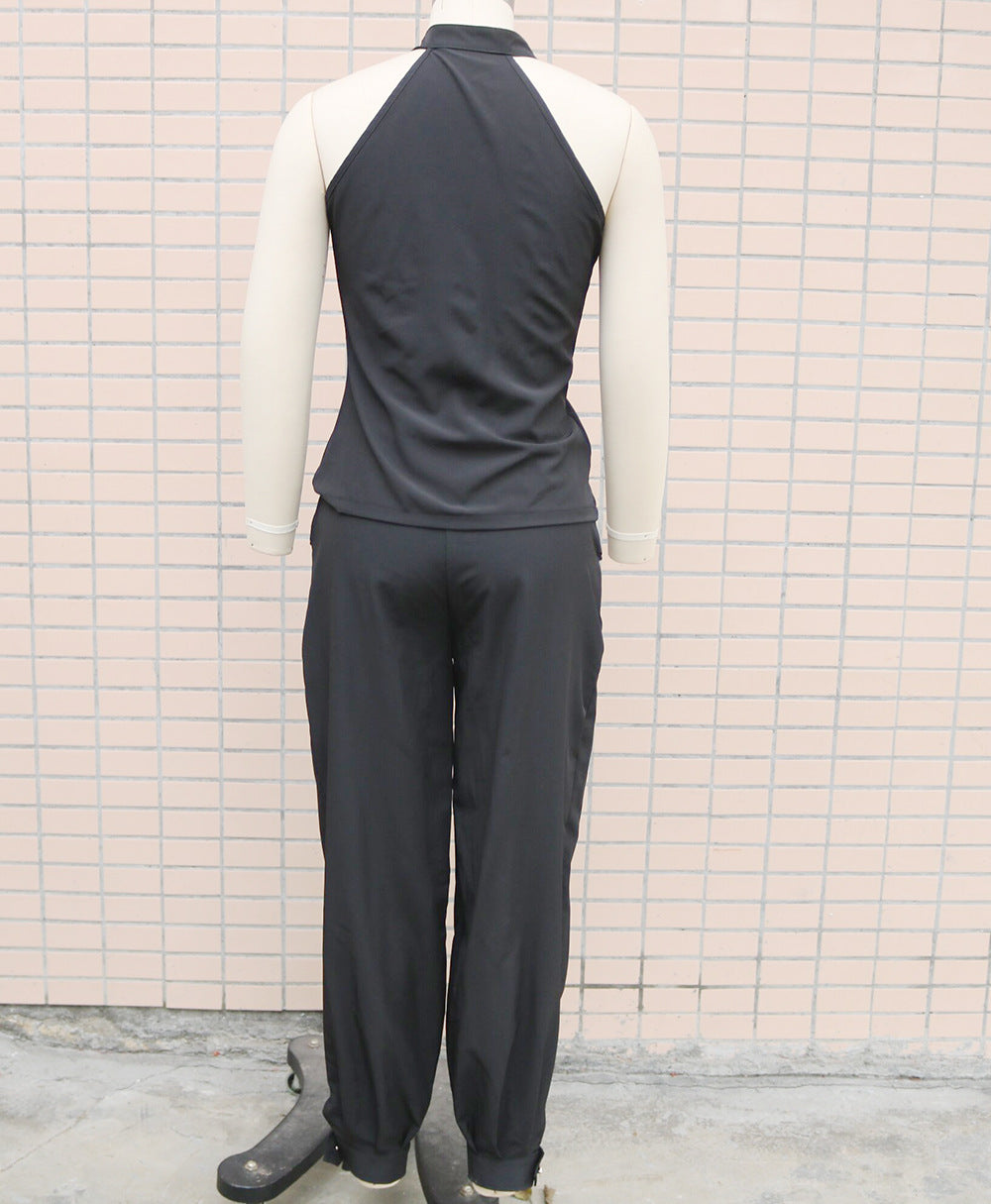Two Piece Set Women Outfit Summer Sleeveless High Neck Cargo Pockets Design Top & Casual High Waist Cuffed Long Pants Set