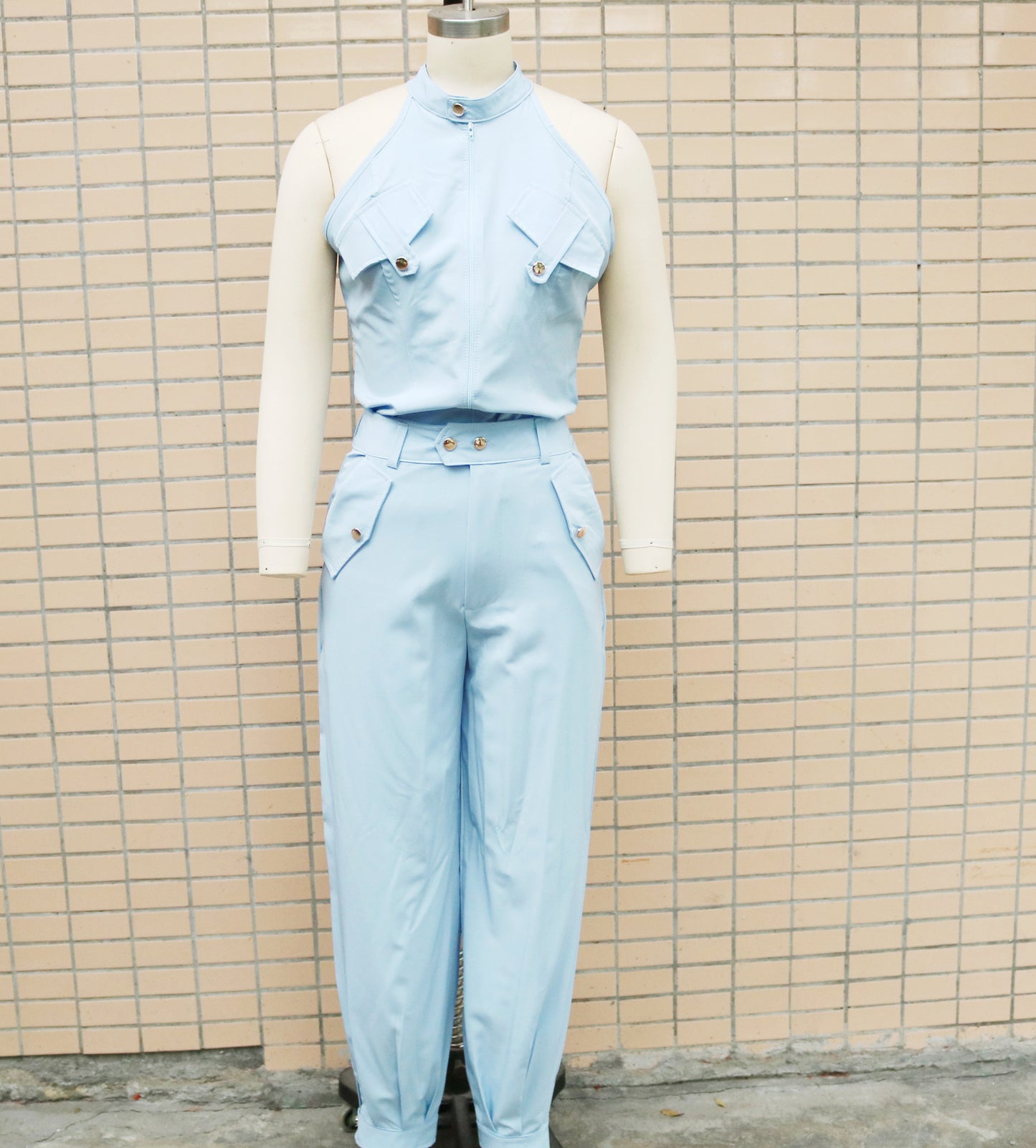 Two Piece Set Women Outfit Summer Sleeveless High Neck Cargo Pockets Design Top & Casual High Waist Cuffed Long Pants Set