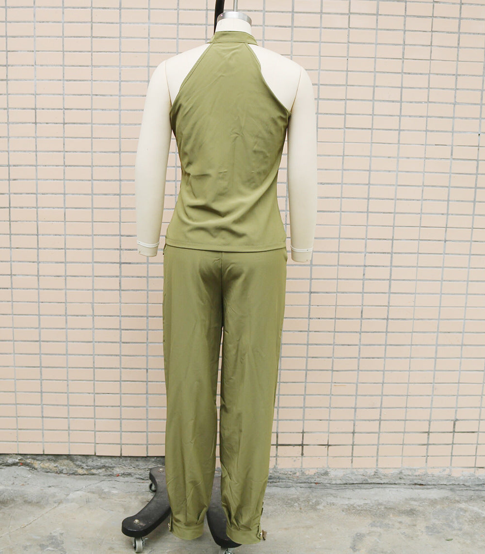 Two Piece Set Women Outfit Summer Sleeveless High Neck Cargo Pockets Design Top & Casual High Waist Cuffed Long Pants Set
