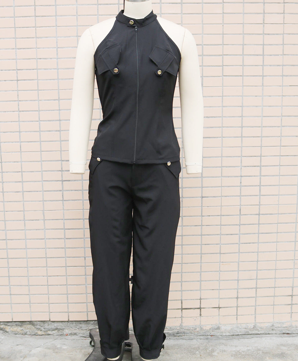 Two Piece Set Women Outfit Summer Sleeveless High Neck Cargo Pockets Design Top & Casual High Waist Cuffed Long Pants Set