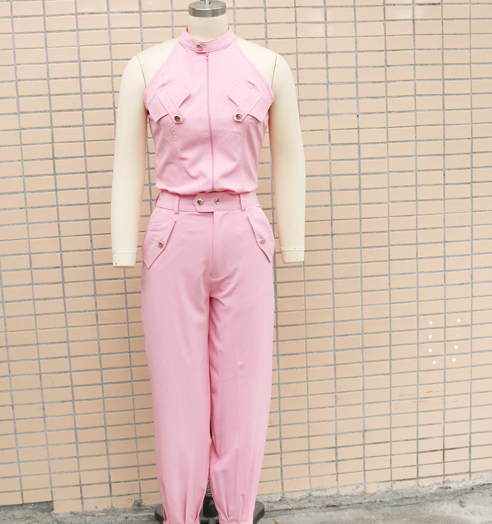 Two Piece Set Women Outfit Summer Sleeveless High Neck Cargo Pockets Design Top & Casual High Waist Cuffed Long Pants Set