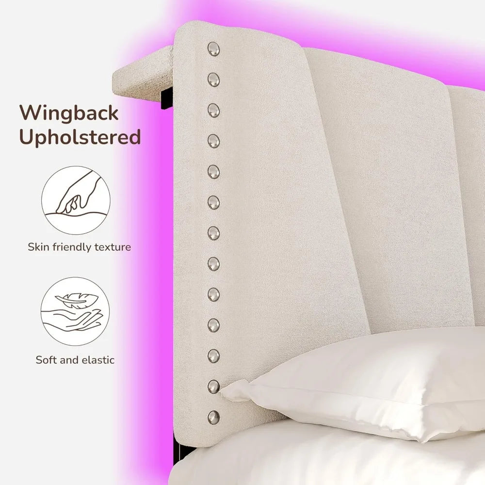 EnHomee King Size Bed Frame with Velvet Headboard and LED Lights， Storage Headboard Platform Bed with Charging Station, Sturdy W